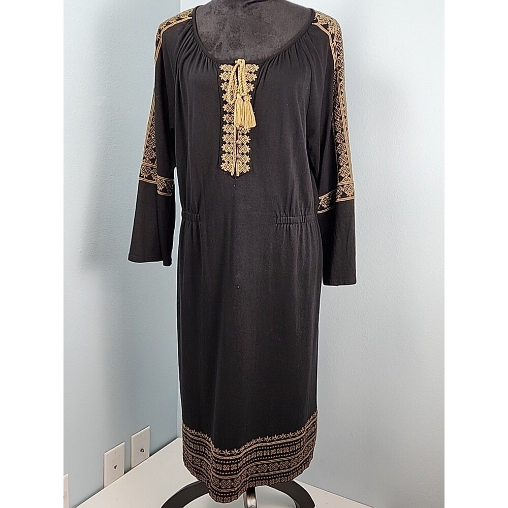 J Jill Knit T-Shirt Dress Tunic Womens Large Black Embroidered Boho Pullover